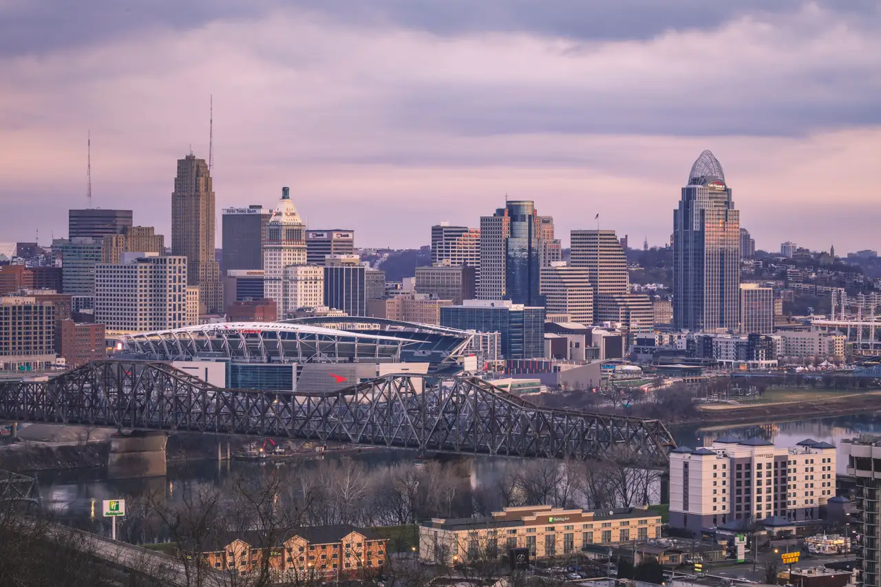 Fine-art photograph, “Cincinnati Skyline at Sunset, Windows at Dusk - 5DM41999.JPG,” from the Ohio collection.