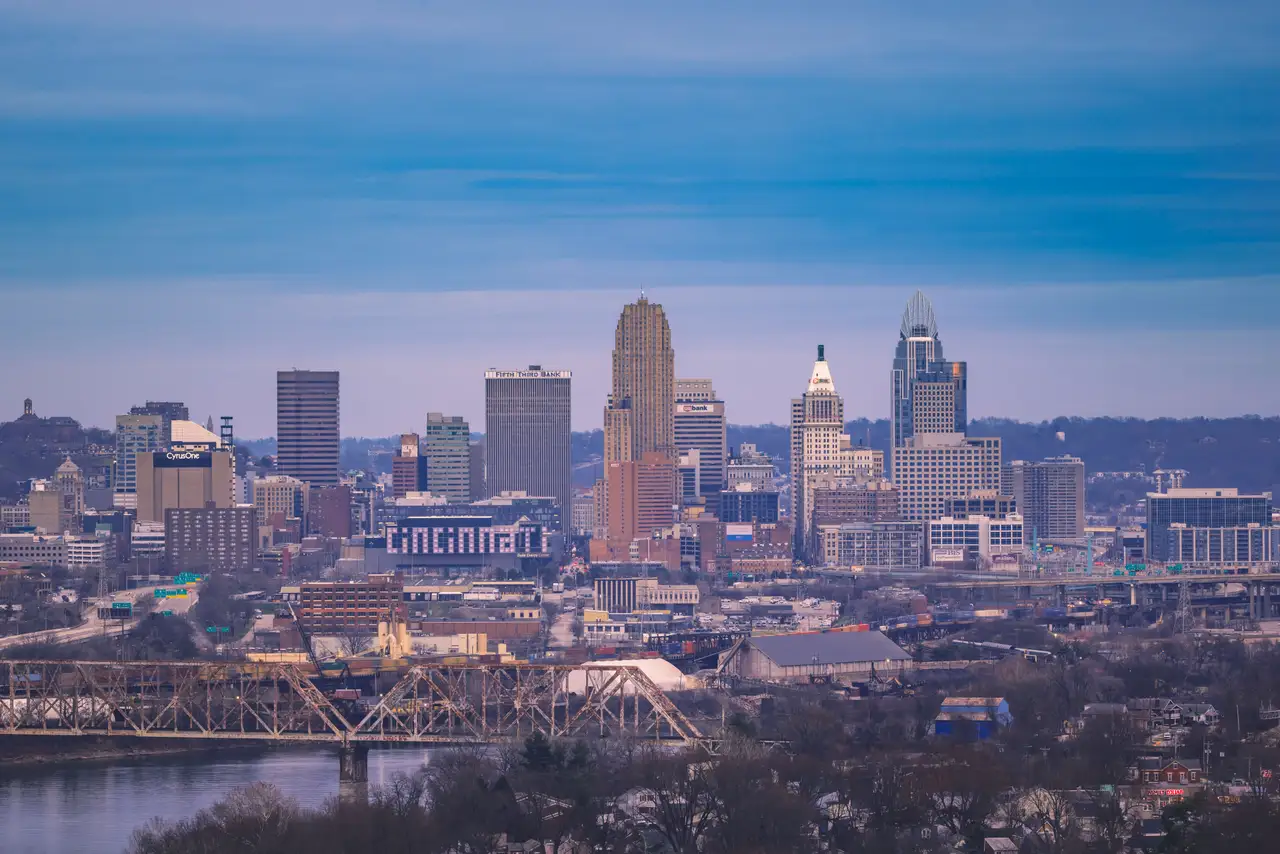 Fine-art photograph, “Cincinnati Skyline at Sunset, Night Passage - _FIV7632.JPG,” from the Ohio collection.