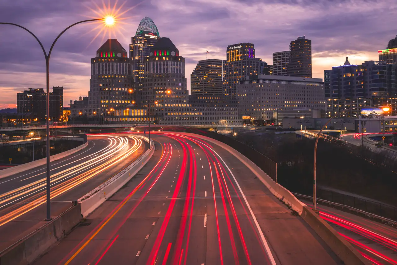 Fine-art photograph, “Cincinnati Skyline Light Trails, Distant Glow - _FIV7675.JPG,” from the Ohio collection.