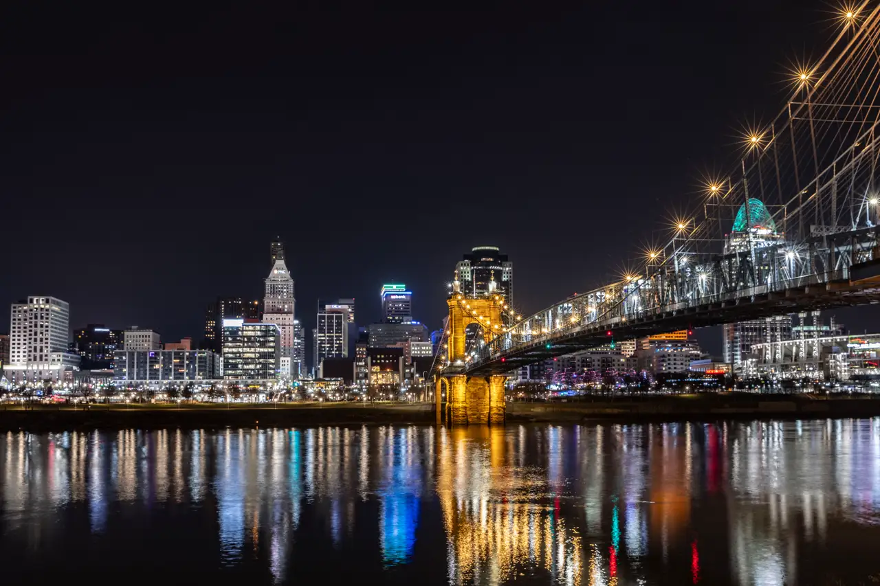 Fine-art photograph, “Roebling Suspension Bridge at Night, Concrete and Sky - _FIV7753.JPG,” from the Ohio collection.