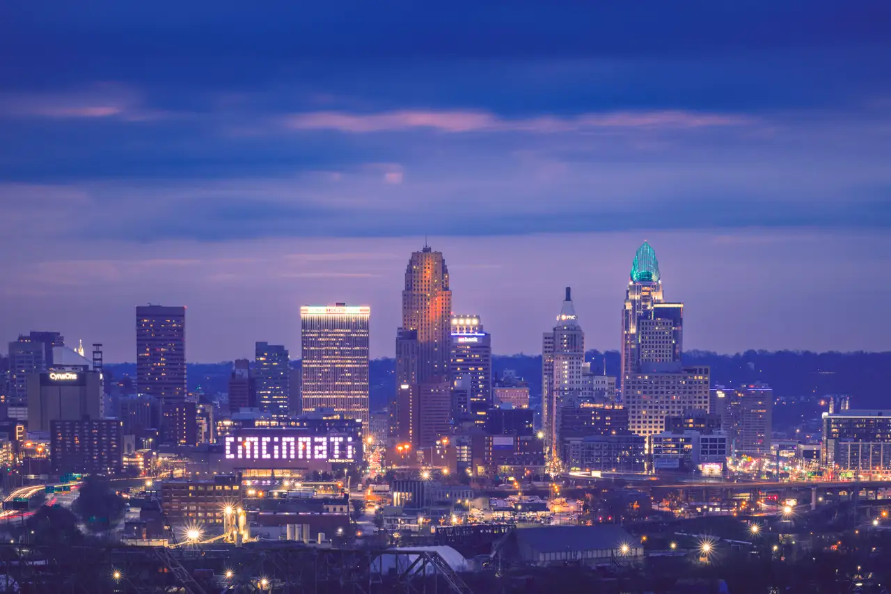 Fine-art photograph, “Cincinnati Skyline at Blue Hour, Tide of Light - _FIV7817.JPG,” from the Ohio collection.