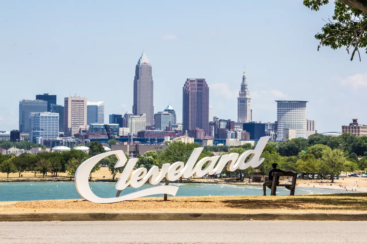 Fine-art photograph, “Cleveland Script Sign and Lake Erie Skyline - IMG_2352.JPG,” from the Ohio collection.
