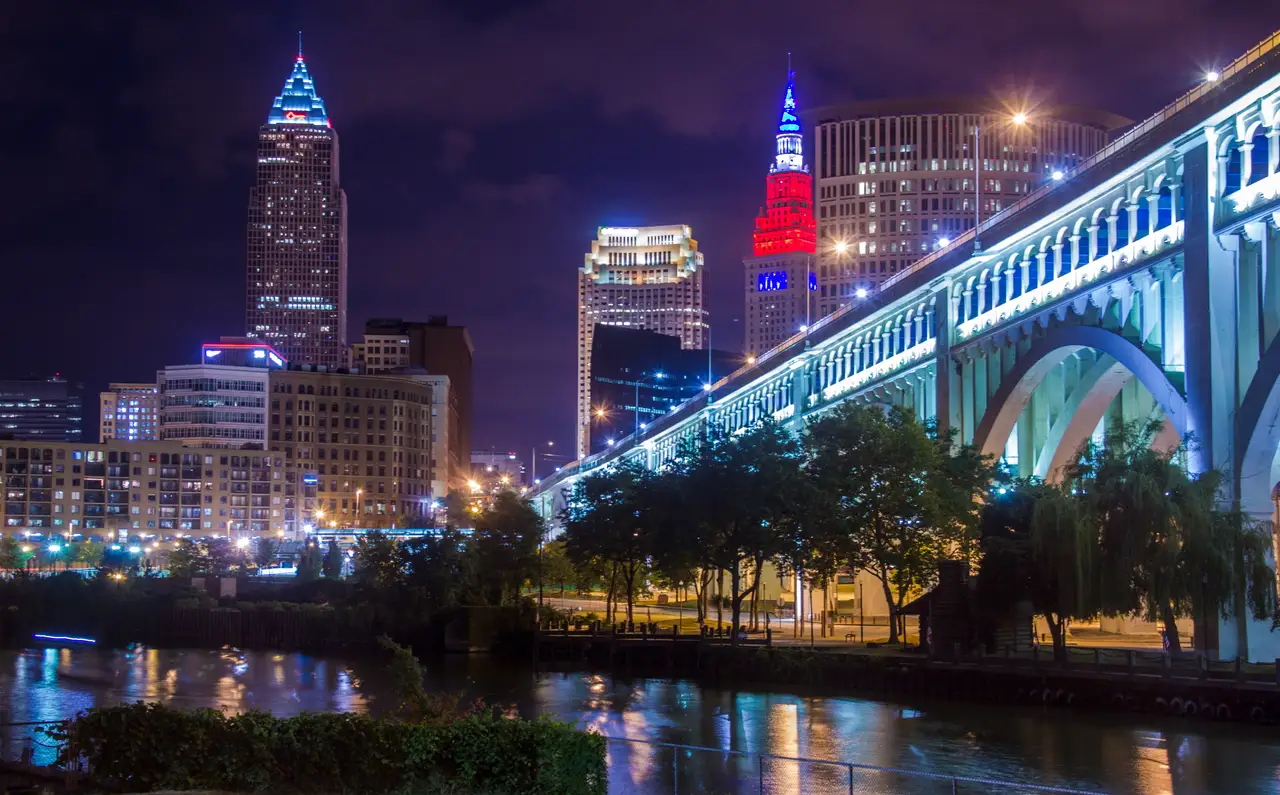 Fine-art photograph, “Cleveland Skyline and Cuyahoga River Bridge at Night - IMG_2948.JPG,” from the Ohio collection.