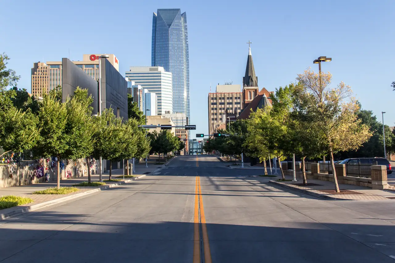 Fine-art photograph, “Oklahoma City Skyline from a Tree-Lined Street - IMG_4660.JPG,” from the Oklahoma collection.