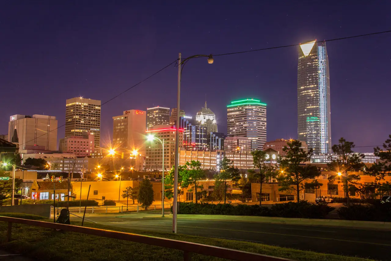 Fine-art photograph, “Oklahoma City Skyline and Streetlights at Night - IMG_4679.JPG,” from the Oklahoma collection.