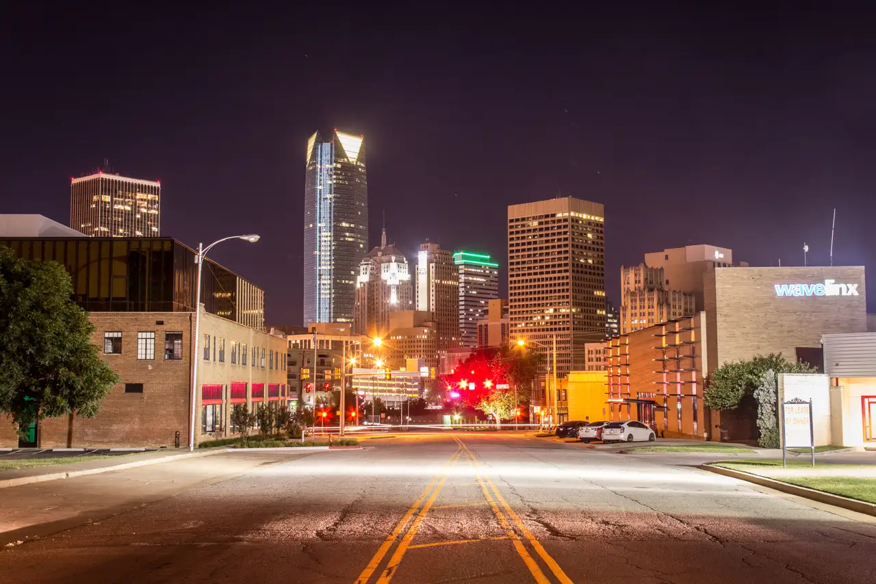Fine-art photograph, “Oklahoma City Night Skyline from an Empty Street - IMG_4684.JPG,” from the Oklahoma collection.