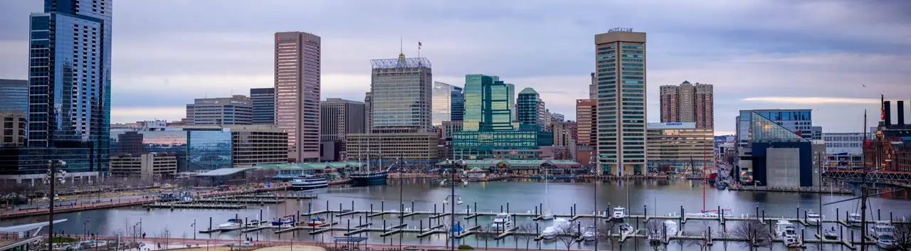 Fine-art photograph, “Baltimore Inner Harbor Skyline Panorama, Long View - Baltimore MD RFIV2566 Pano,” from the Panoramic collection.
