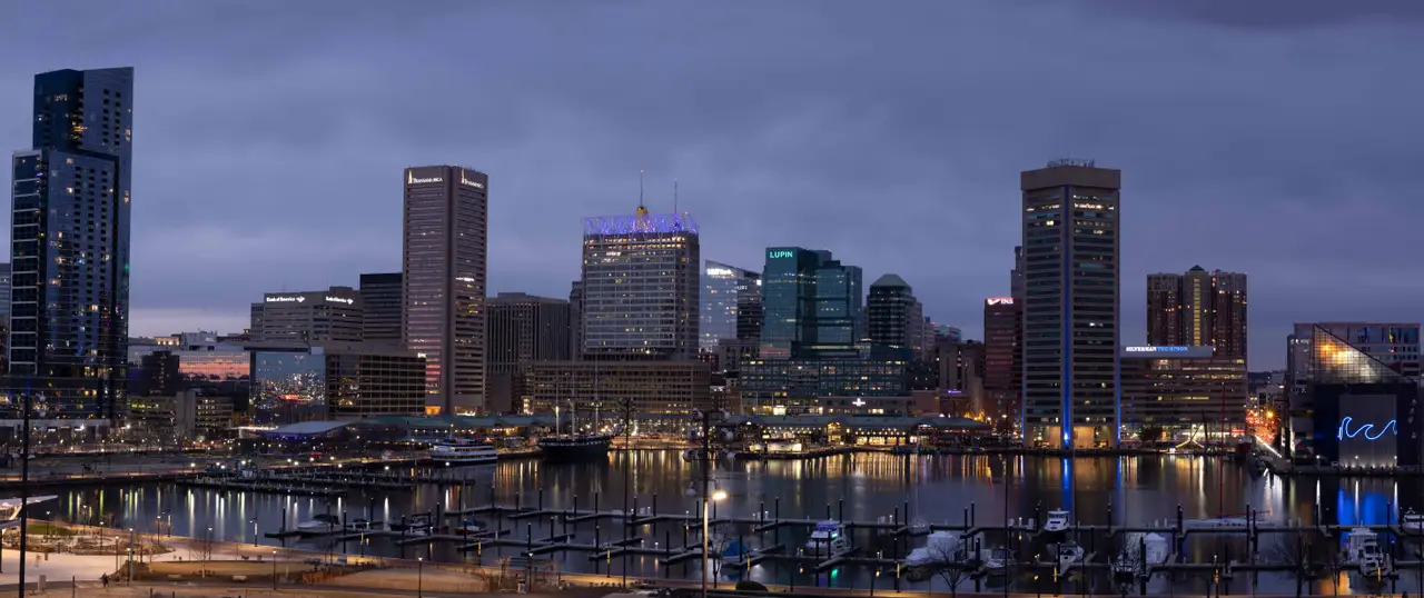 Fine-art photograph, “Baltimore Inner Harbor Skyline Panorama, Quiet Distance - Baltimore MD RFIV2627 Pano,” from the Panoramic collection.