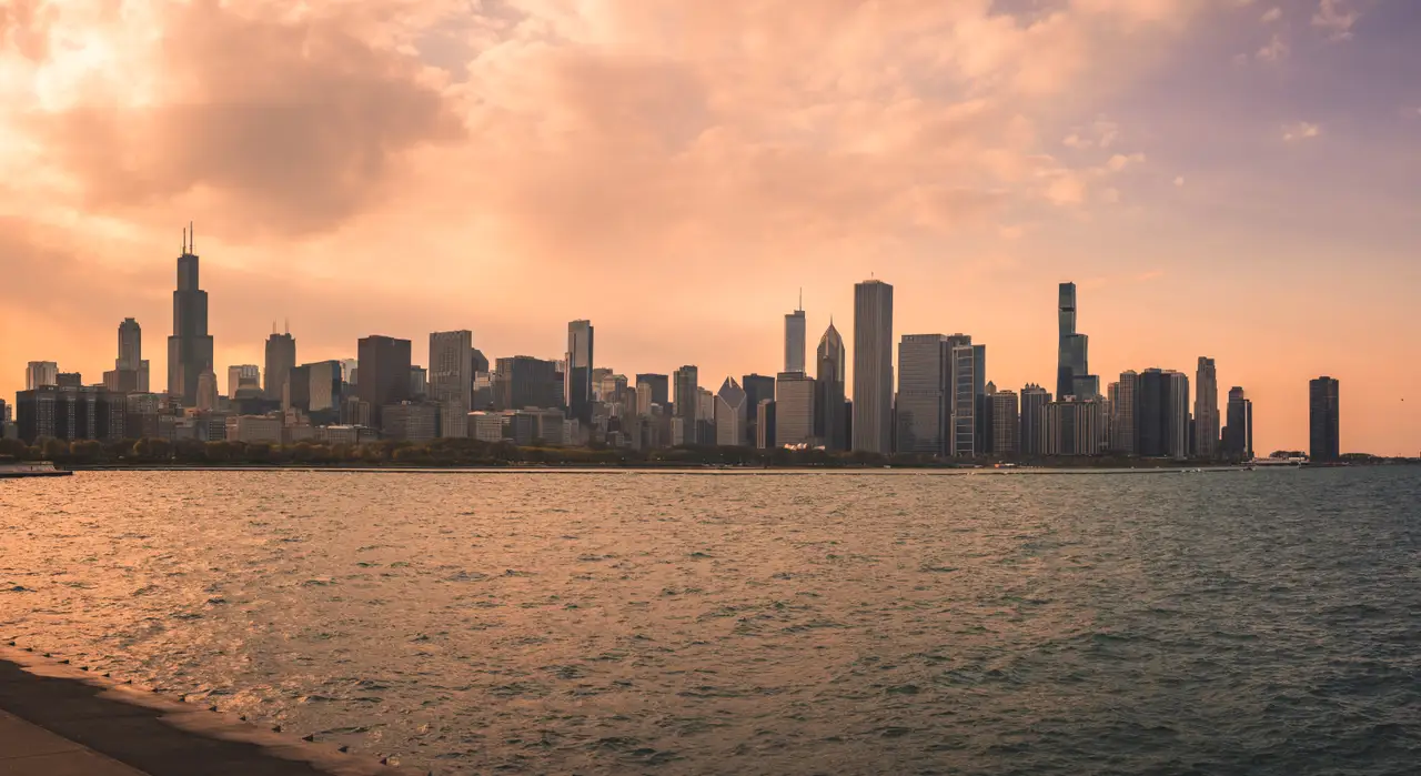 Fine-art photograph, “Chicago Skyline Across Lake Michigan Panorama, Ridge Light - Chicago RFIV8168 Pano,” from the Panoramic collection.