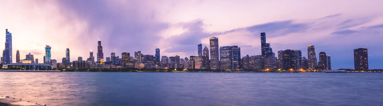 Fine-art photograph, “Chicago Skyline Across Lake Michigan Panorama, Far Country - Chicago RFIV8269 Pano,” from the Panoramic collection.