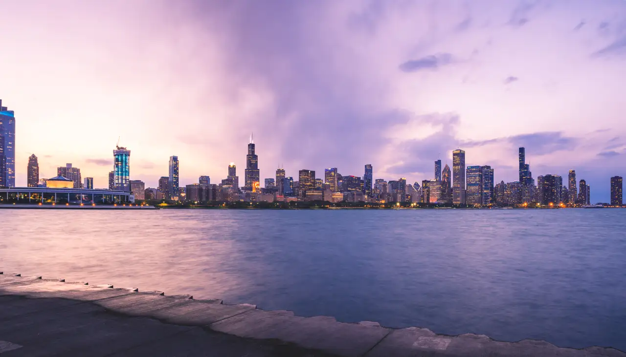 Fine-art photograph, “Chicago Skyline Across Lake Michigan Panorama, Earth and Sky - Chicago RFIV8275 Pano,” from the Panoramic collection.