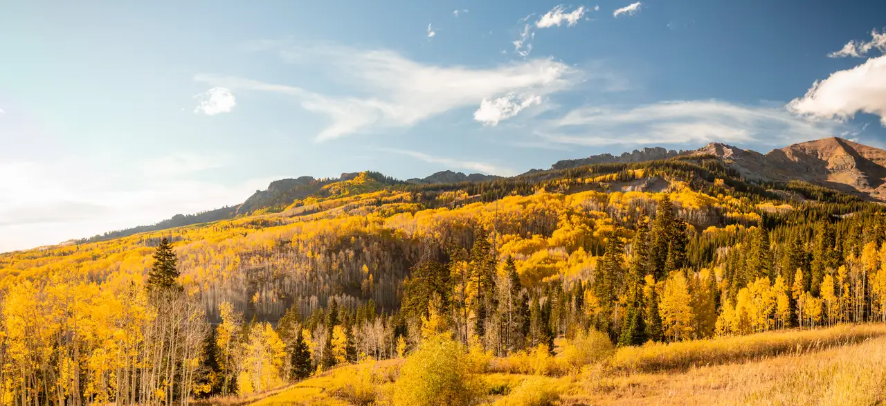 Fine-art photograph, “Colorado Mountain Panorama in Autumn, Clear Break - Colorado Mountains 5DM45627 Pano,” from the Panoramic collection.