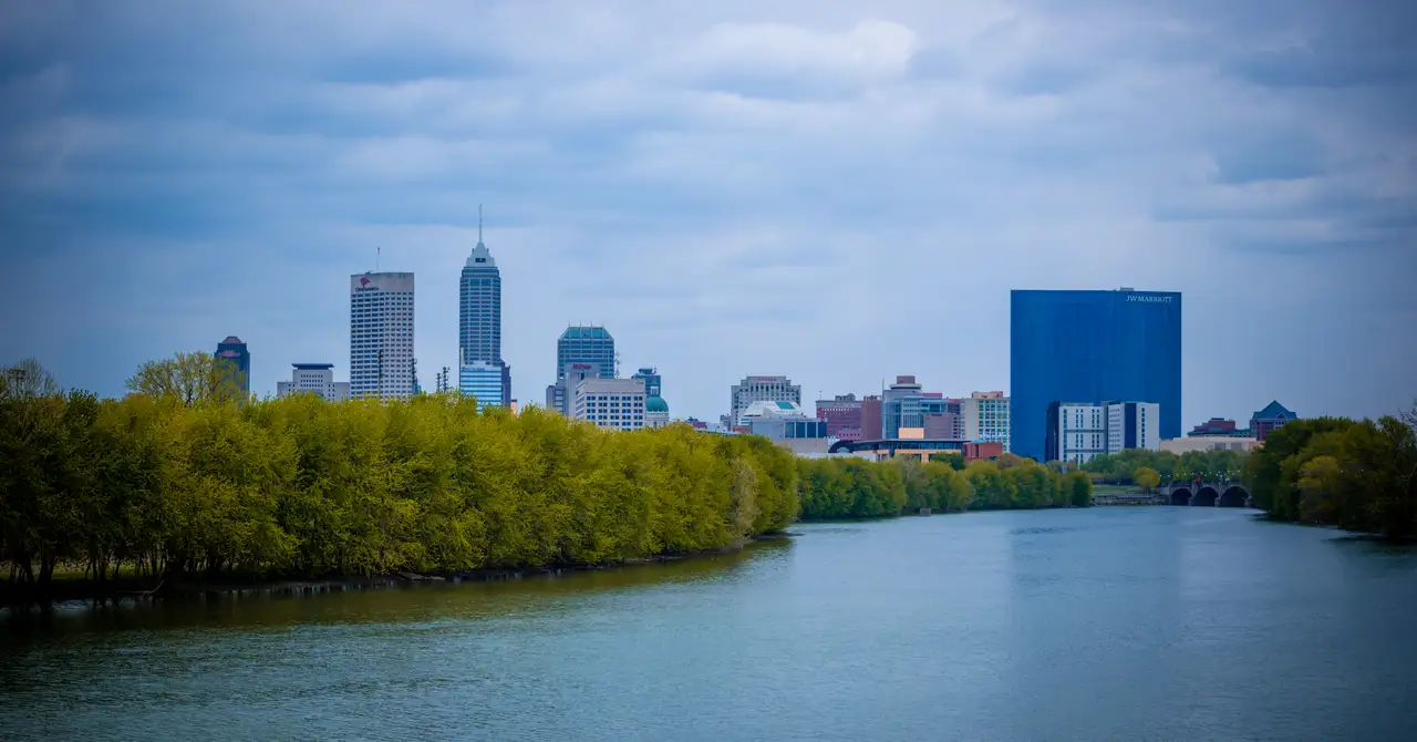 Fine-art photograph, “Indianapolis Skyline Along the White River Panorama - Indianapolis RFIV8072 Pano,” from the Panoramic collection.