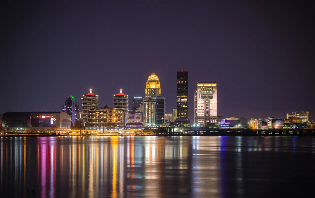 Fine-art photograph, “Louisville Skyline Reflections at Night Panorama - Louisville RFIV7872 Pano,” from the Panoramic collection.