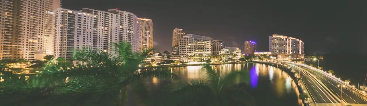 Fine-art photograph, “Miami Waterfront and Light Trails at Night Panorama - Miami 5DM43806 Pano,” from the Panoramic collection.