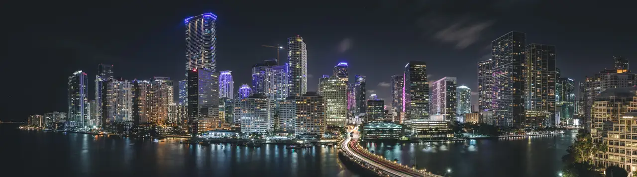 Fine-art photograph, “Brickell Skyline and Causeway at Night Panorama - MIami 5DM44788 Pano 2,” from the Panoramic collection.