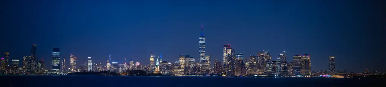 Fine-art photograph, “New York City Skyline Panorama, Evening Current - New York City RFIV9549 Pano,” from the Panoramic collection.