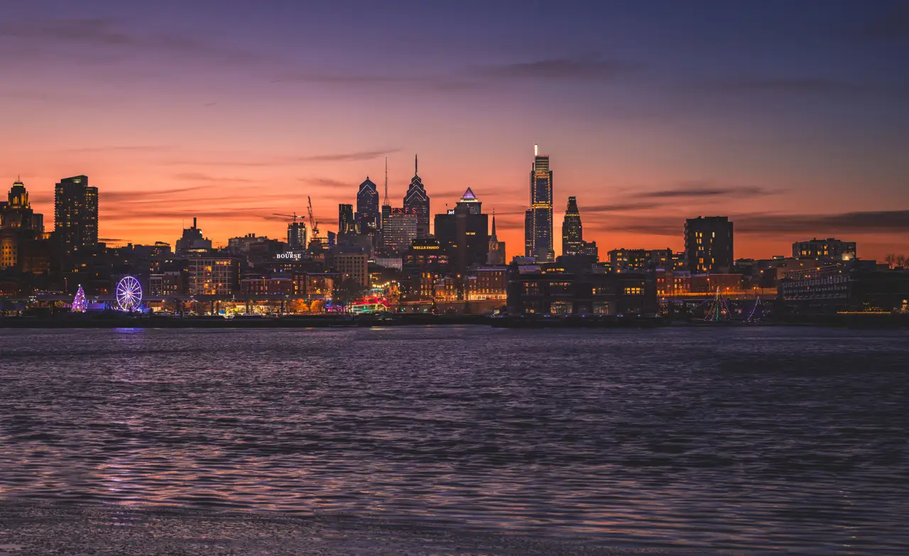 Fine-art photograph, “Philadelphia Skyline Across the Delaware River at Sunset Panorama - Philadelphia RFIV5982 Pano,” from the Panoramic collection.