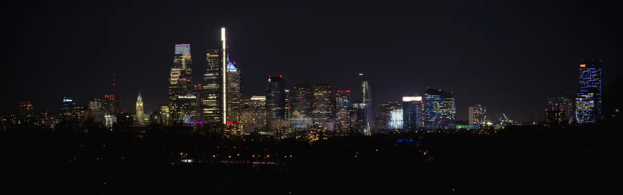 Fine-art photograph, “Philadelphia Skyline from Belmont Plateau at Night Panorama - Philadelphia RFIV6080 Pano,” from the Panoramic collection.