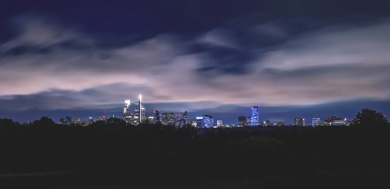 Fine-art photograph, “Philadelphia Skyline Beneath Storm Clouds Panorama - Philadelphia RFIV9771 Pano,” from the Panoramic collection.