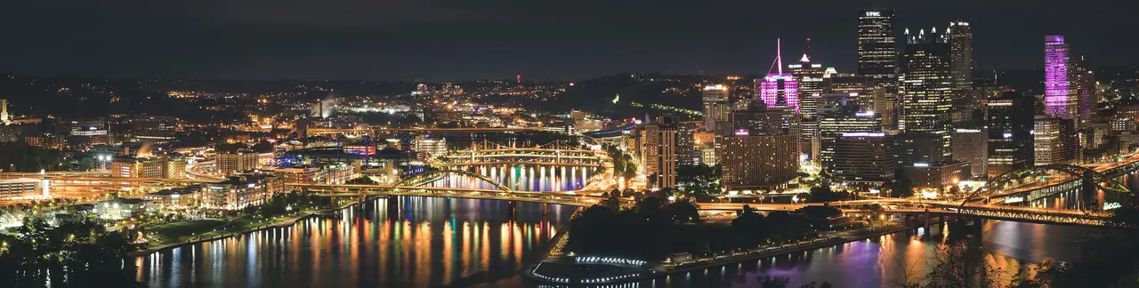 Fine-art photograph, “Pittsburgh Three Rivers Skyline Panorama, Evening Current - Pittsburgh 5DM40180 Pano 2,” from the Panoramic collection.