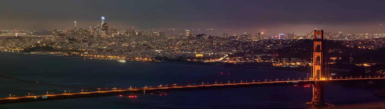 Fine-art photograph, “San Francisco Bay Skyline Panorama, Pacific Calm - San Francisco 5DM40135 Pano,” from the Panoramic collection.