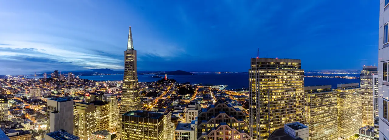 Fine-art photograph, “San Francisco Bay Skyline Panorama, Evening Current - San Francisco IMG 2247 Pano,” from the Panoramic collection.