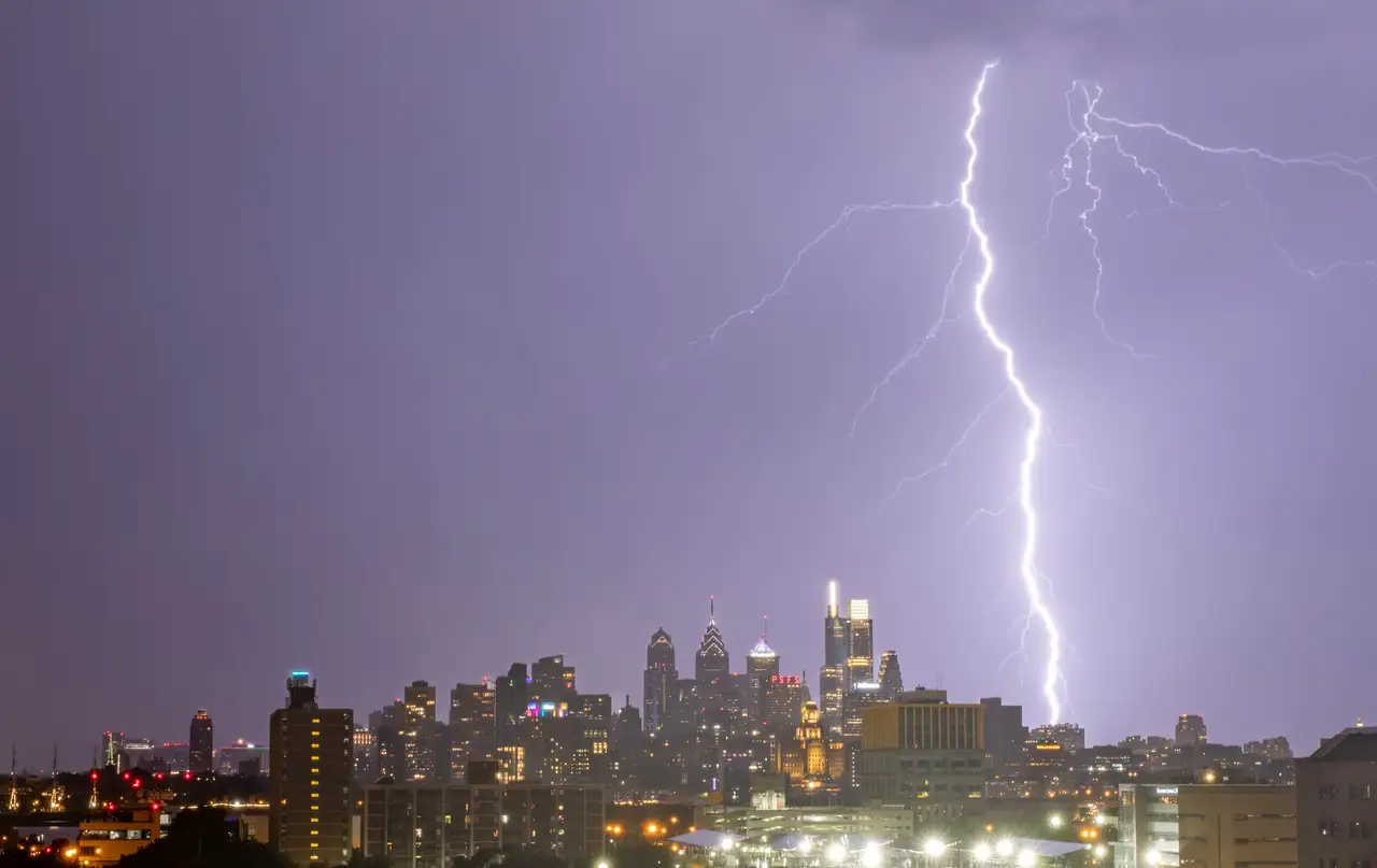 Fine-art photograph, “Lightning Over Center City, Bay Haze - 5DM40716,” from the Pennsylvania - Philly collection.