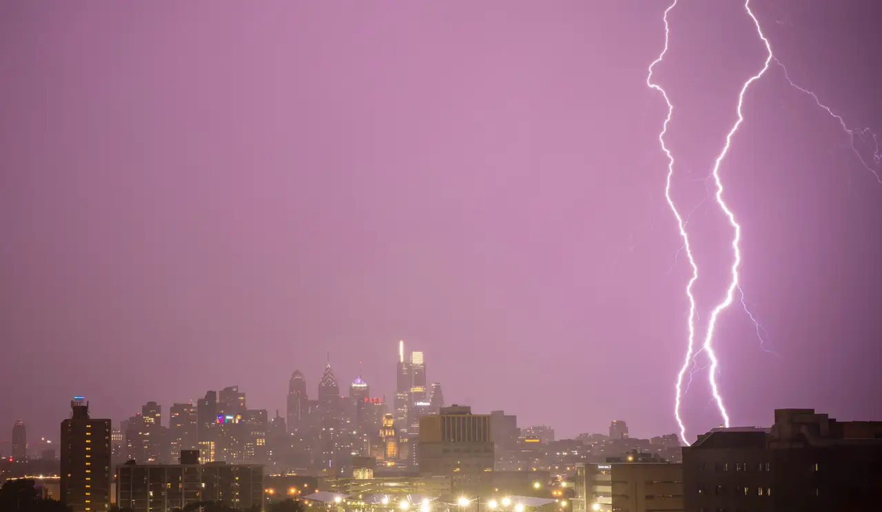 Fine-art photograph, “Lightning Over Center City, Glass Horizon - 5DM40769,” from the Pennsylvania - Philly collection.
