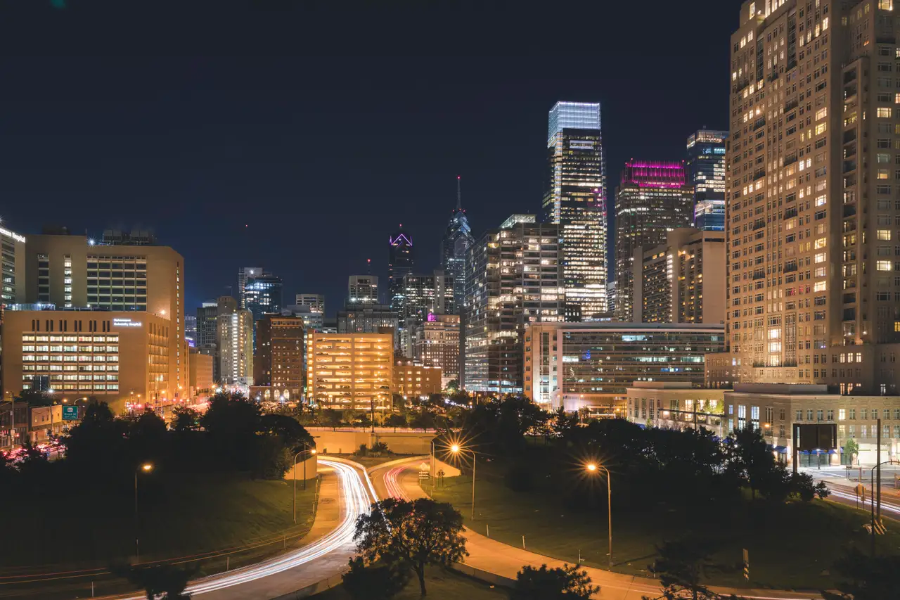 Fine-art photograph, “Schuylkill Expressway Light Trails to Center City, Urban Weather - 5DM48930,” from the Pennsylvania - Philly collection.