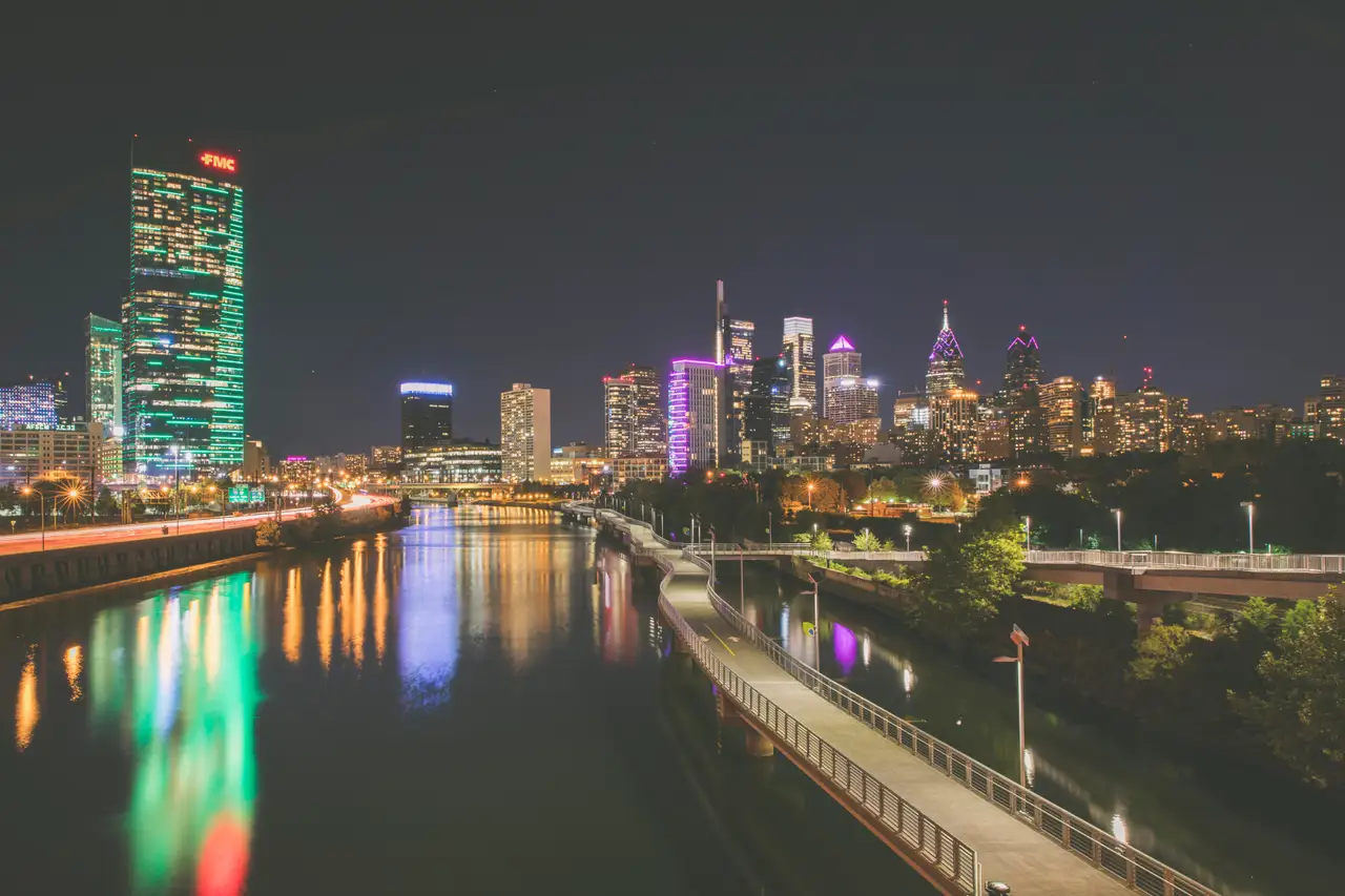 Fine-art photograph, “Skyline Light Trails Along the Schuylkill - 5DM49189,” from the Pennsylvania - Philly collection.