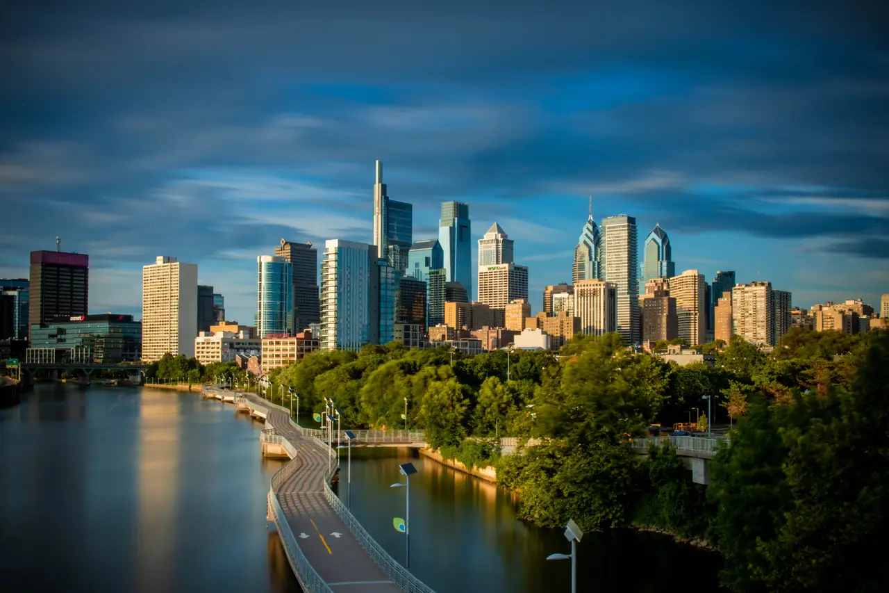Fine-art photograph, “Philadelphia Skyline from University City, Tower Light - FIV6151,” from the Pennsylvania - Philly collection.