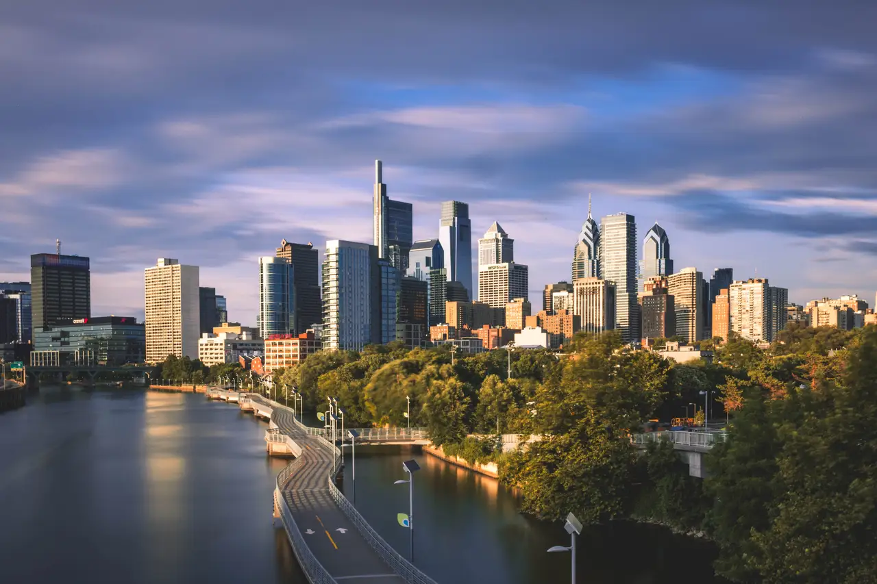Fine-art photograph, “Philadelphia Skyline and Schuylkill at Golden Hour - FIV6152,” from the Pennsylvania - Philly collection.