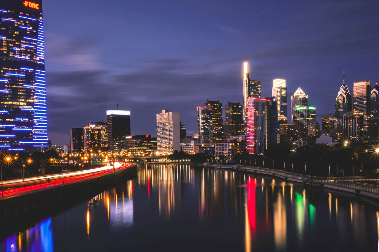 Fine-art photograph, “FMC Tower and Center City Reflections Along the Schuylkill - FIV6265,” from the Pennsylvania - Philly collection.