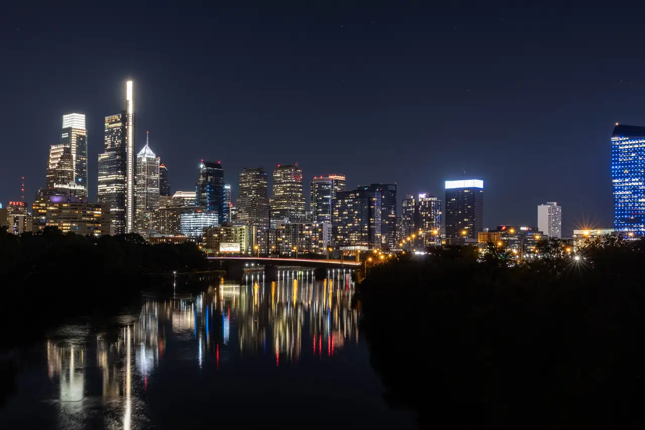 Fine-art photograph, “Philadelphia Skyline Reflected in the Schuylkill, Urban Weather - FIV6310,” from the Pennsylvania - Philly collection.