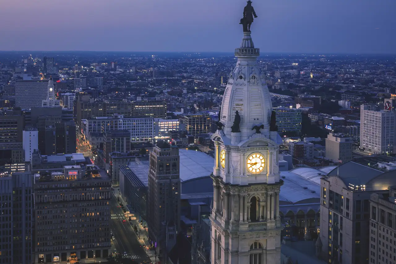 Fine-art photograph, “City Hall Clock Tower in Evening Light - FIV6350,” from the Pennsylvania - Philly collection.