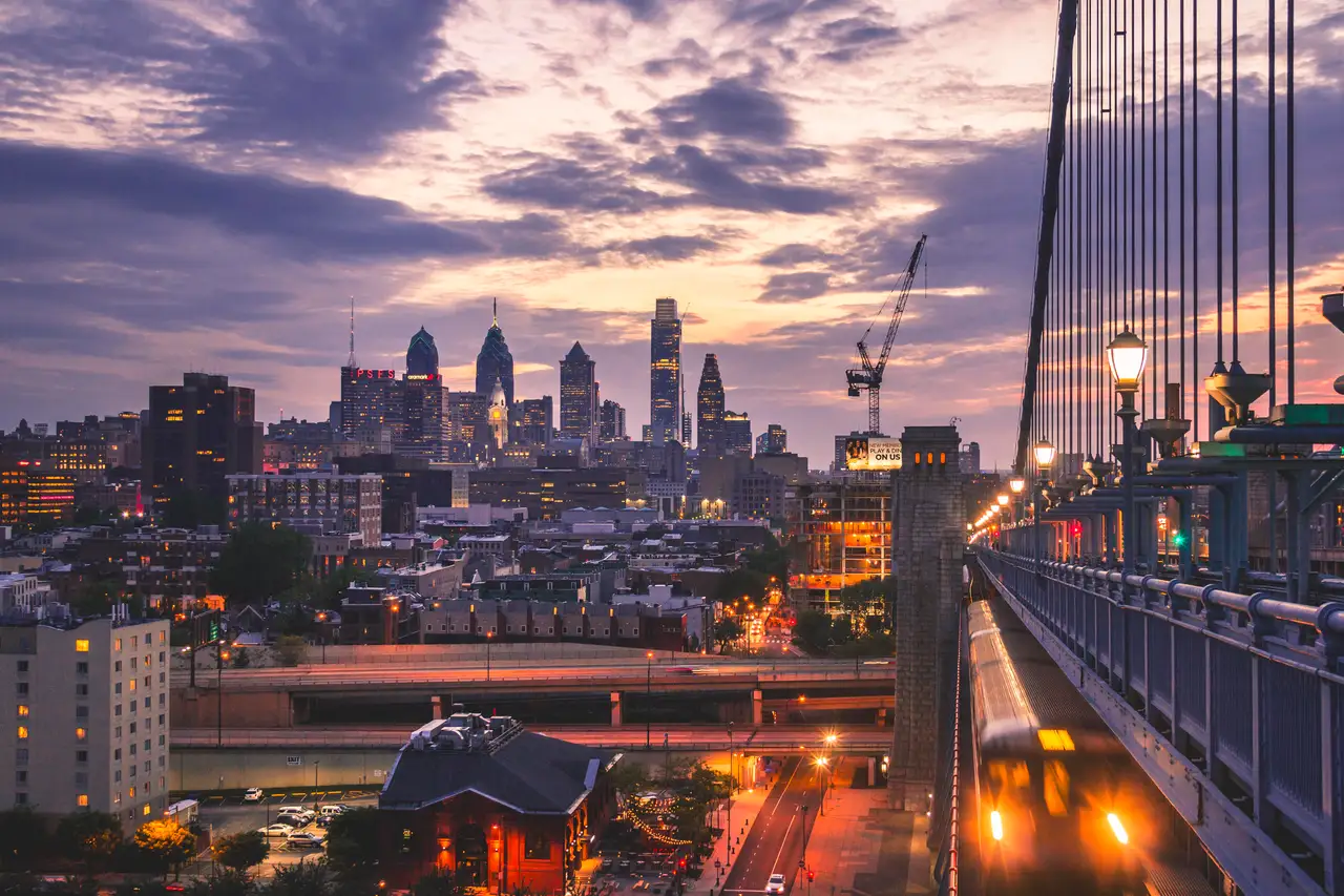 Fine-art photograph, “Philadelphia Skyline from the South Street Bridge at Dusk - IMG 7723,” from the Pennsylvania - Philly collection.