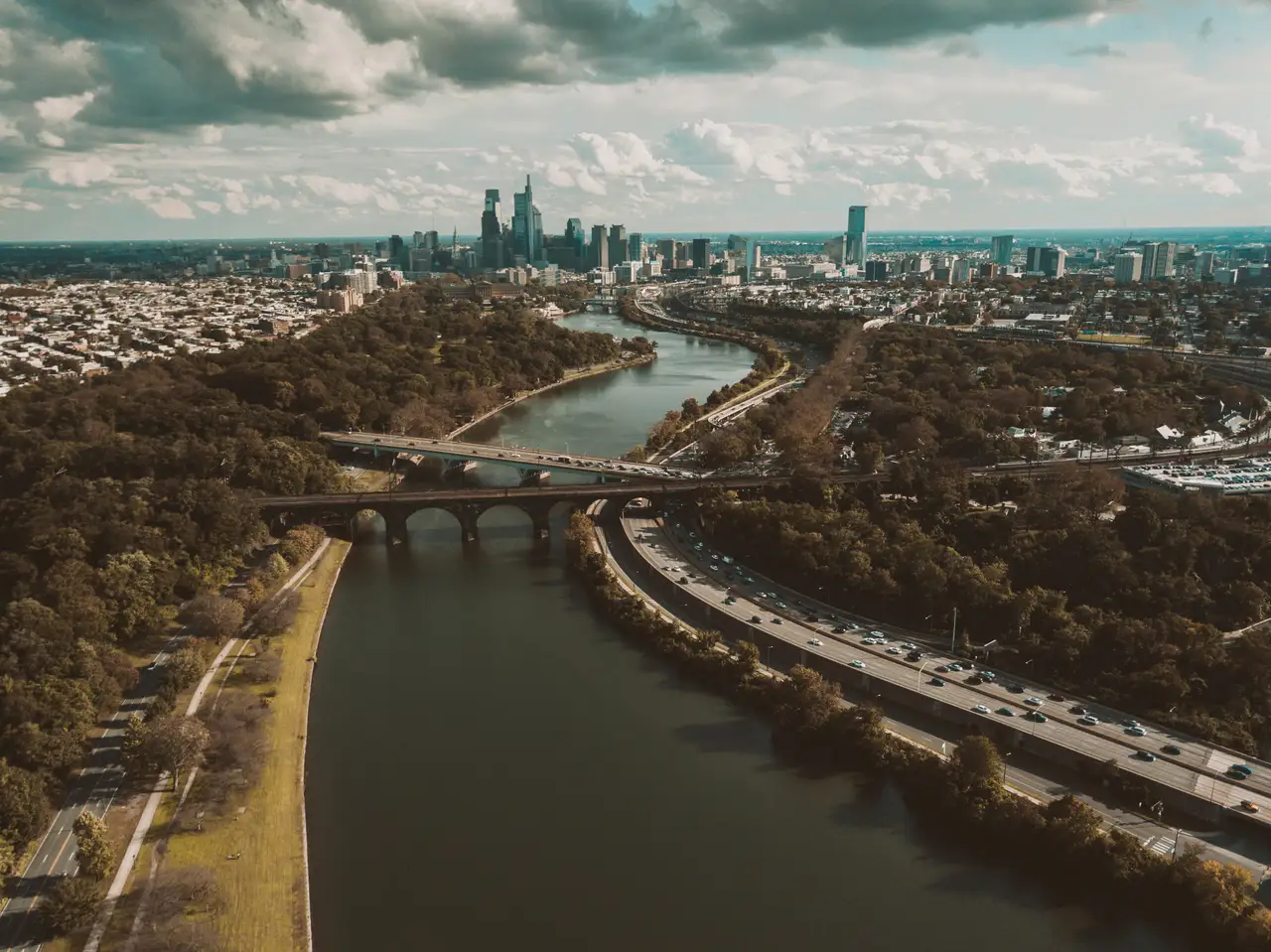 Fine-art photograph, “Philadelphia Skyline and Schuylkill Bridges from Above - Phillydrone130,” from the Pennsylvania - Philly collection.