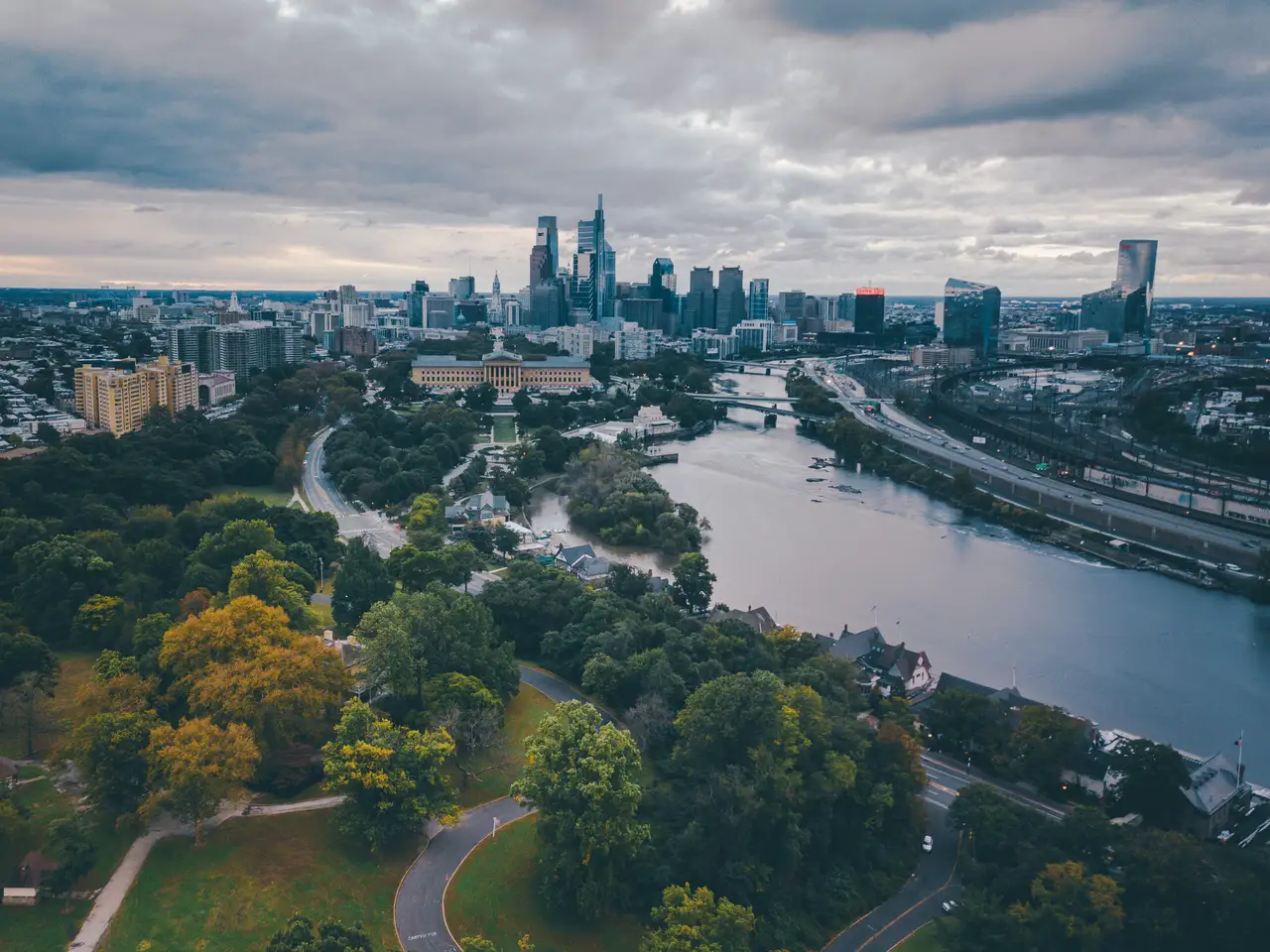Fine-art photograph, “Philadelphia Museum of Art, Schuylkill River, and Skyline from Above - Phillydrone172,” from the Pennsylvania - Philly collection.