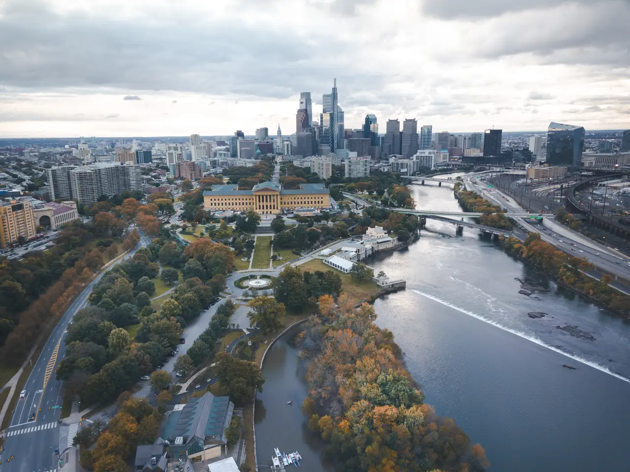 Fine-art photograph, “Schuylkill River and Center City from Above - Phillydrone176,” from the Pennsylvania - Philly collection.