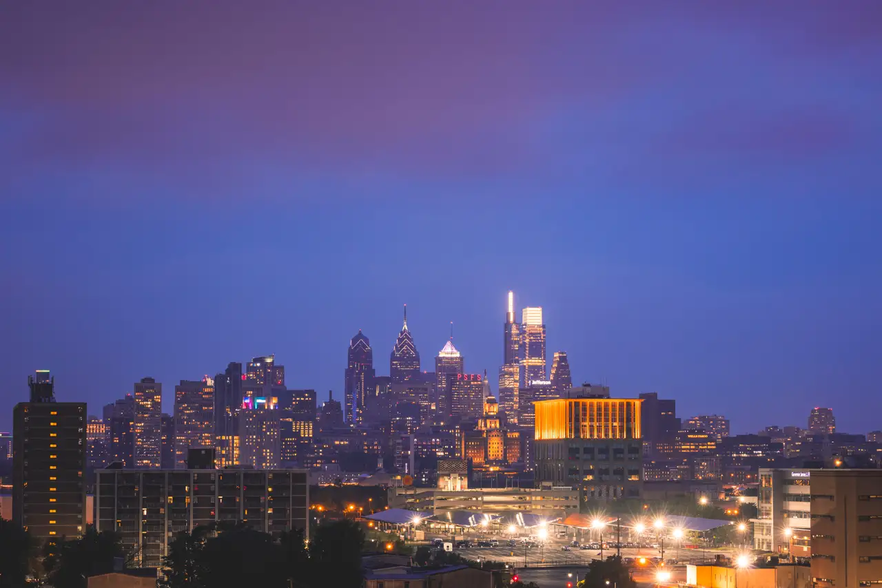 Fine-art photograph, “Philadelphia Skyline Under Violet Skies - RFIV1537,” from the Pennsylvania - Philly collection.