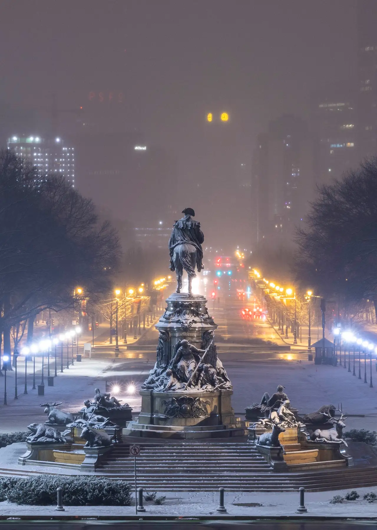 Fine-art photograph, “George Washington Statue at Eakins Oval in Snow - RFIV5009,” from the Pennsylvania - Philly collection.