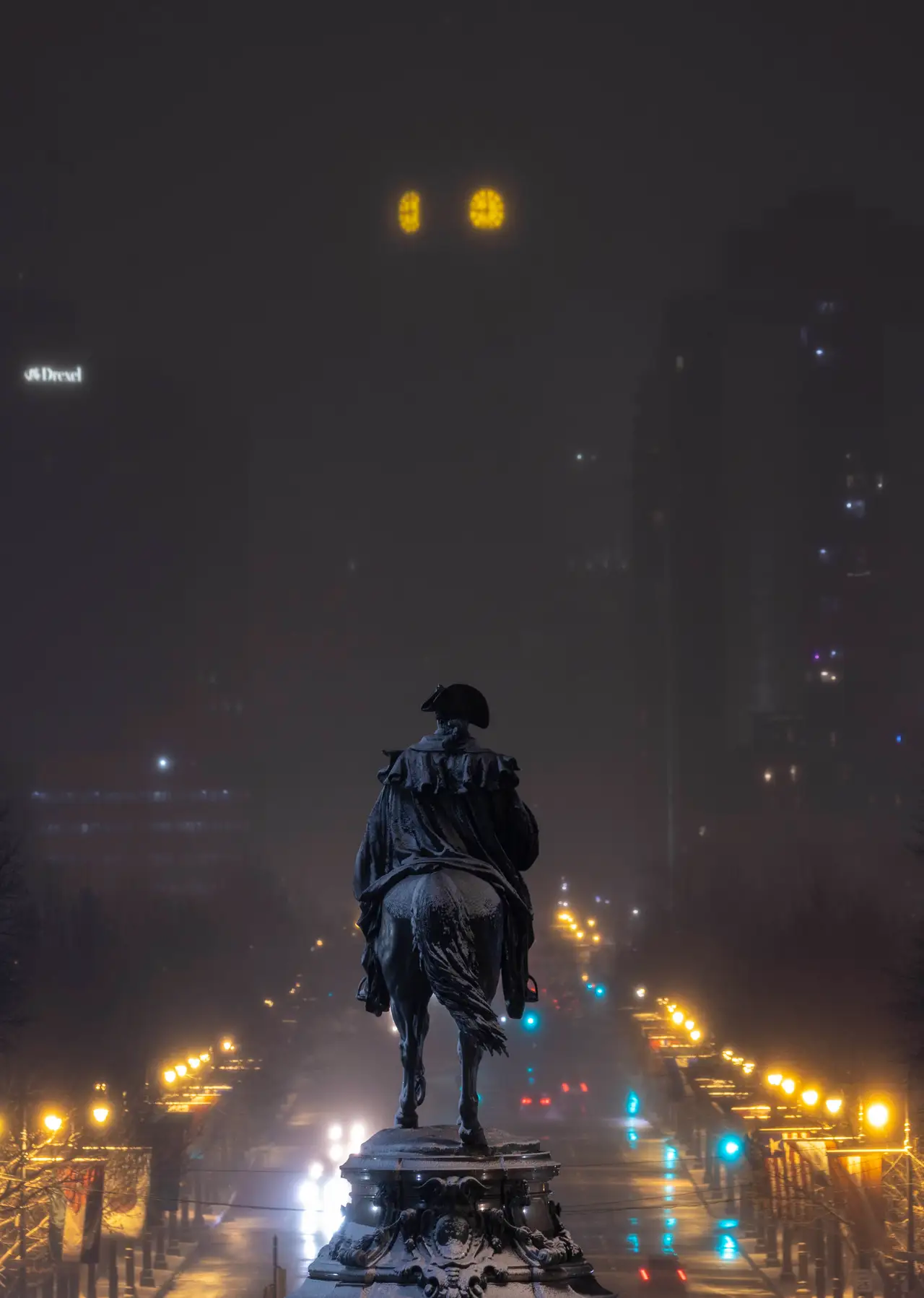 Fine-art photograph, “George Washington Statue at Eakins Oval at Night, Glass Horizon - RFIV5012,” from the Pennsylvania - Philly collection.