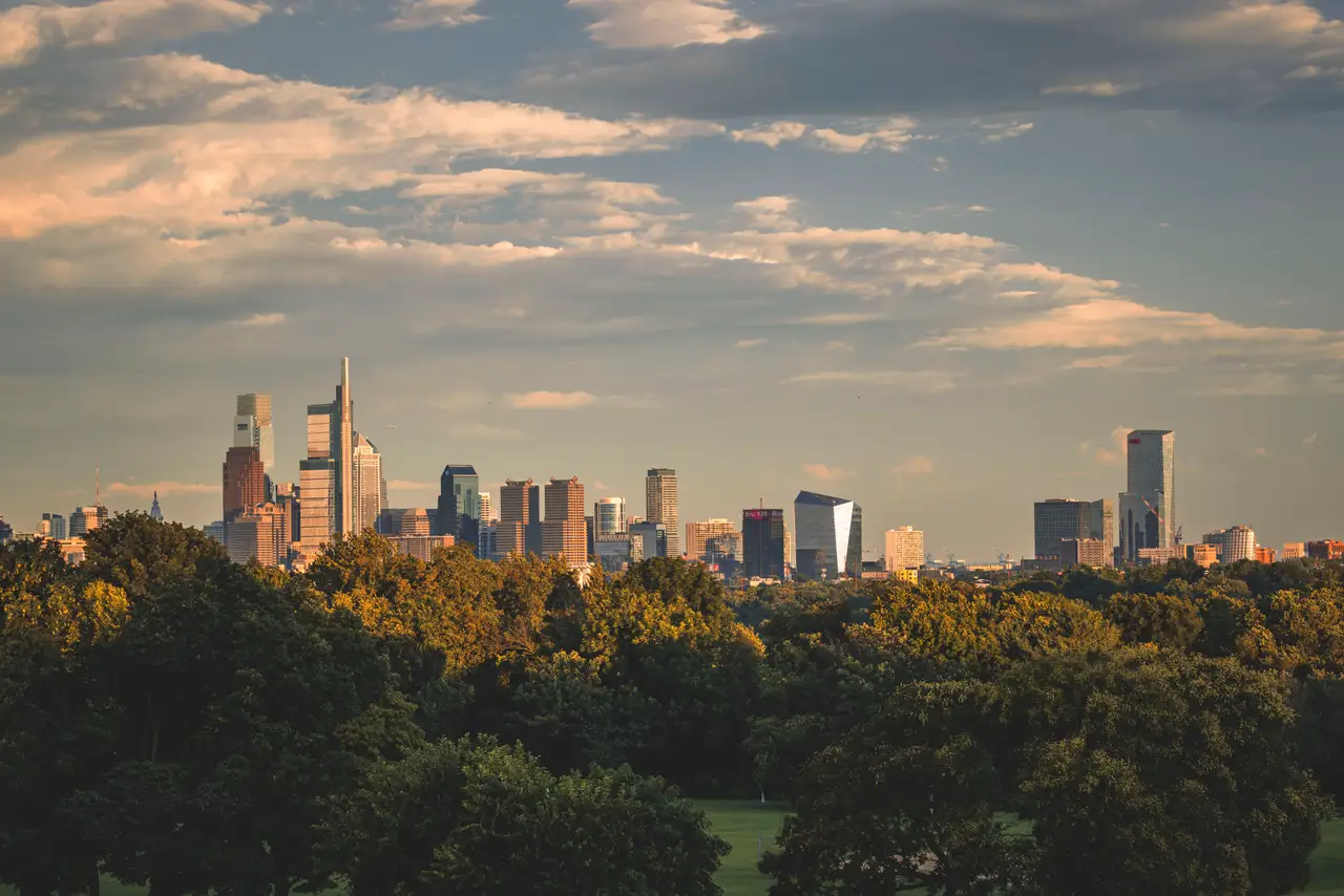 Fine-art photograph, “Philadelphia Skyline from the Art Museum Steps, Glass Horizon - RFIV5049,” from the Pennsylvania - Philly collection.