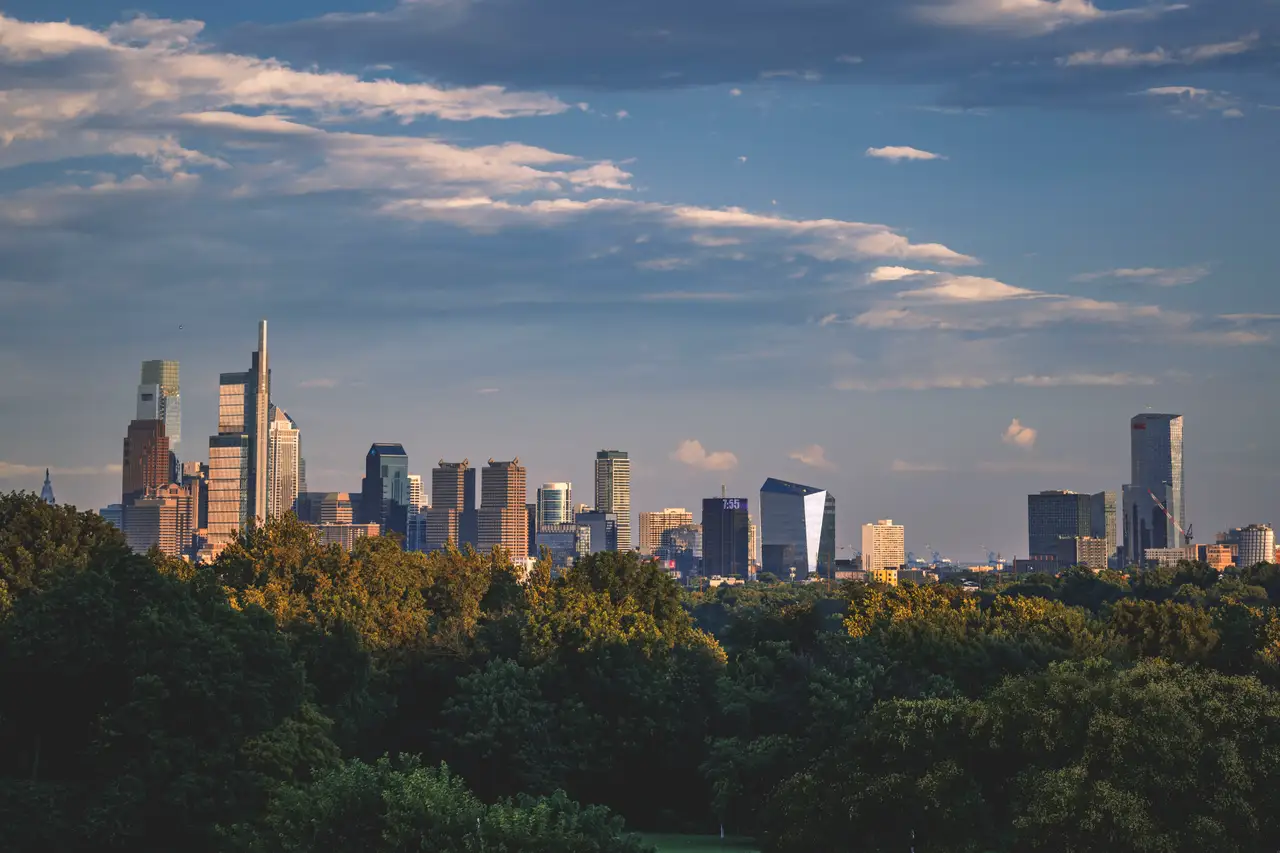 Fine-art photograph, “Philadelphia Skyline from the Art Museum Steps, Distant Glow - RFIV5055,” from the Pennsylvania - Philly collection.