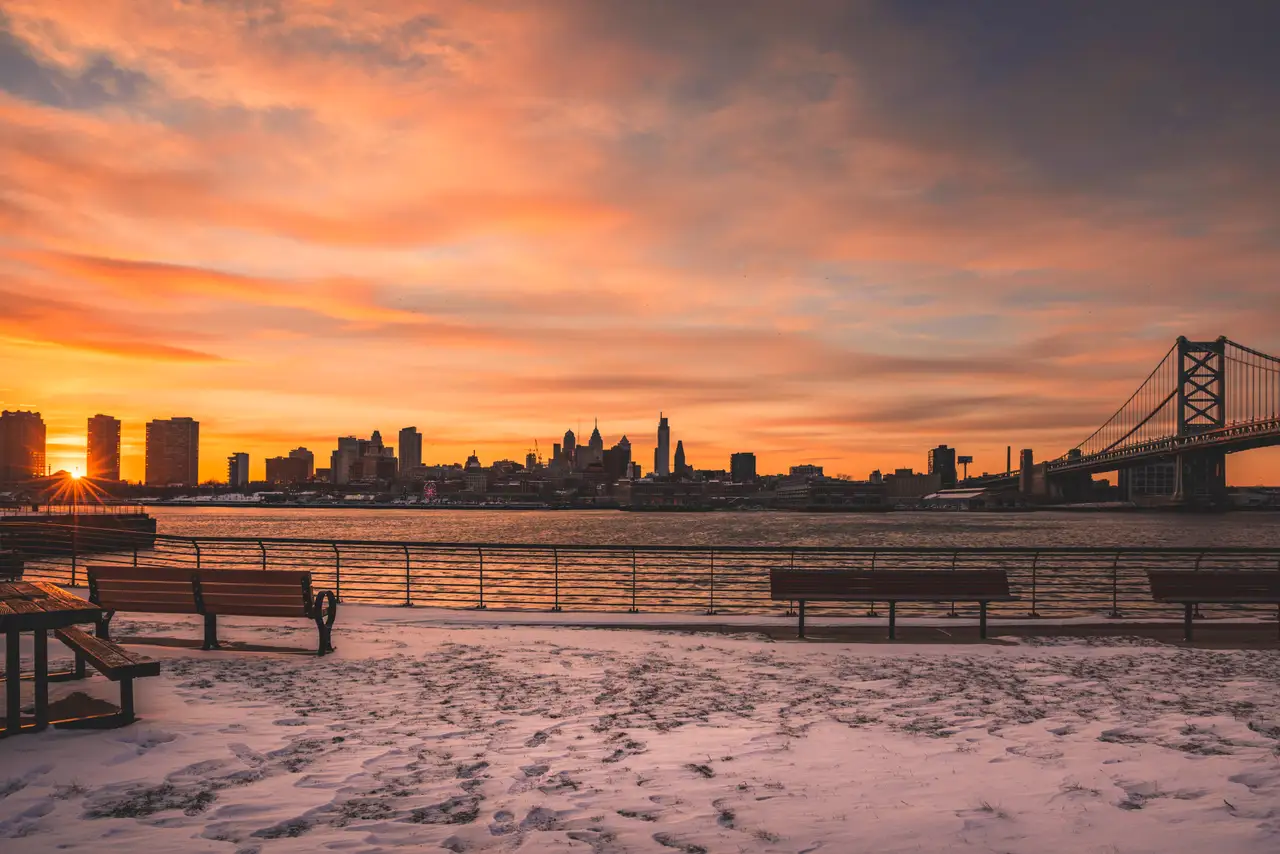 Fine-art photograph, “Ben Franklin Bridge and Philadelphia Skyline at Sunset - RFIV5789,” from the Pennsylvania - Philly collection.