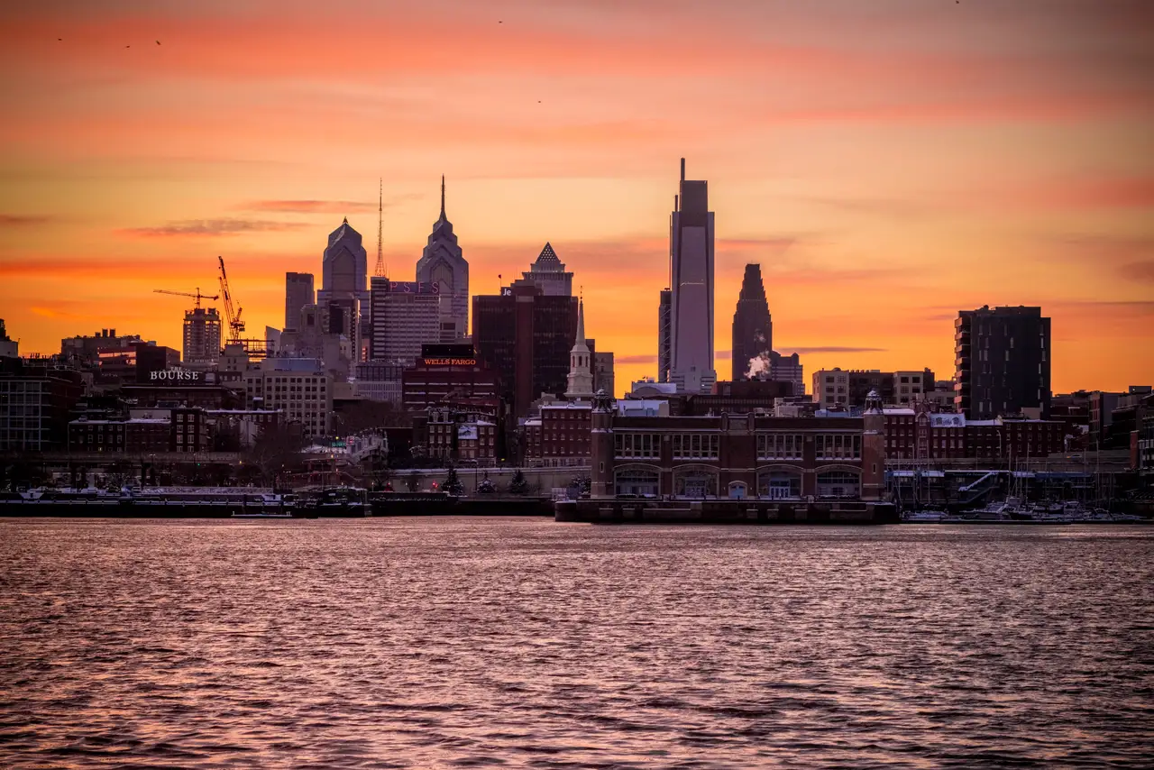 Fine-art photograph, “Philadelphia Skyline Across the Delaware at Sunset, Last Train Home - RFIV5821,” from the Pennsylvania - Philly collection.