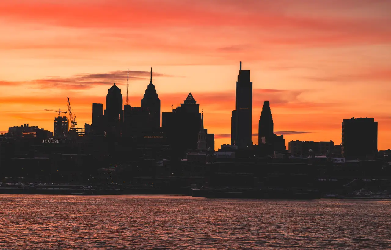 Fine-art photograph, “Philadelphia Skyline Across the Delaware at Sunset, Bay Haze - RFIV5878,” from the Pennsylvania - Philly collection.