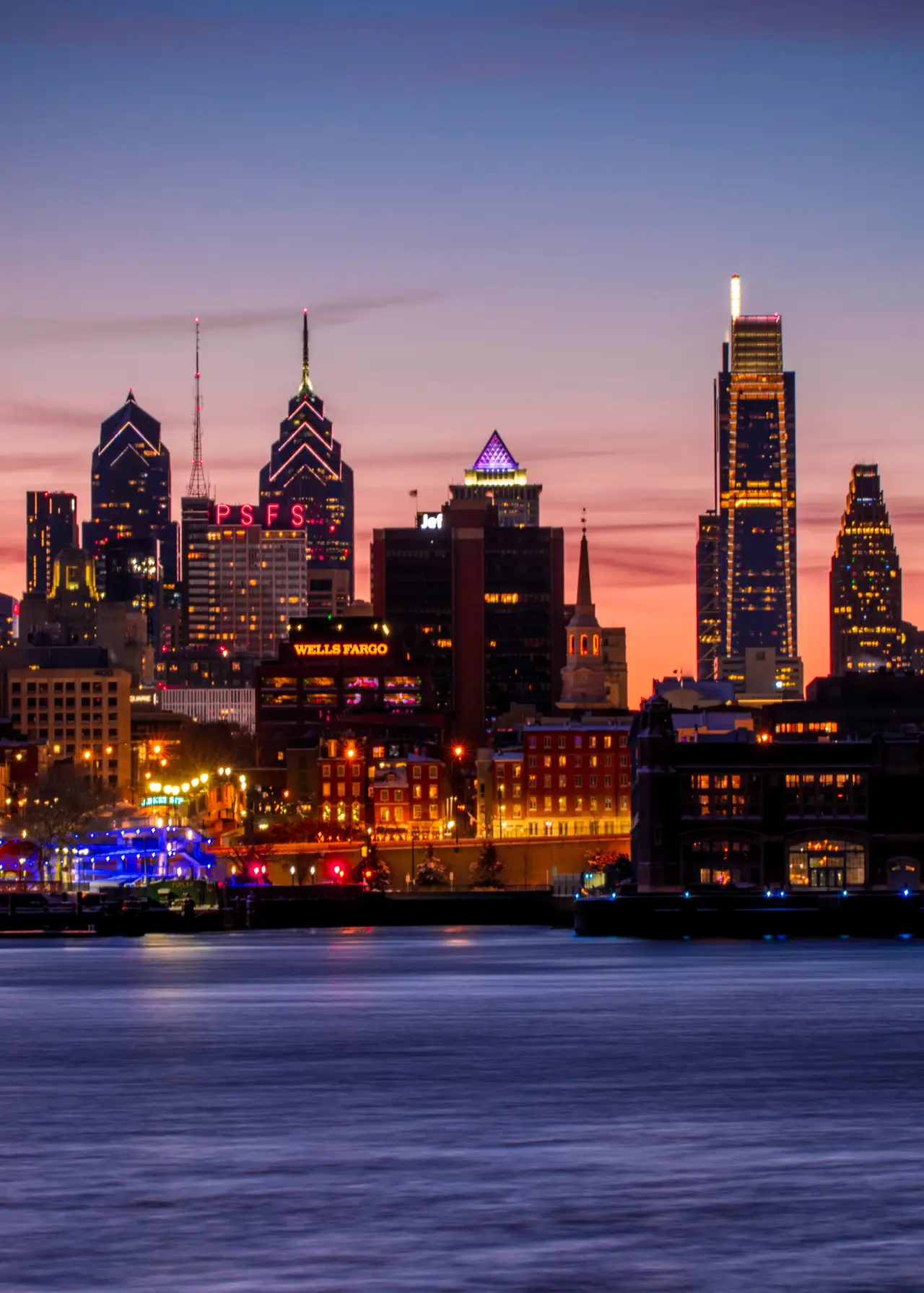 Fine-art photograph, “Philadelphia Skyline Along the Delaware at Blue Hour, Dawn Traffic - RFIV6010,” from the Pennsylvania - Philly collection.