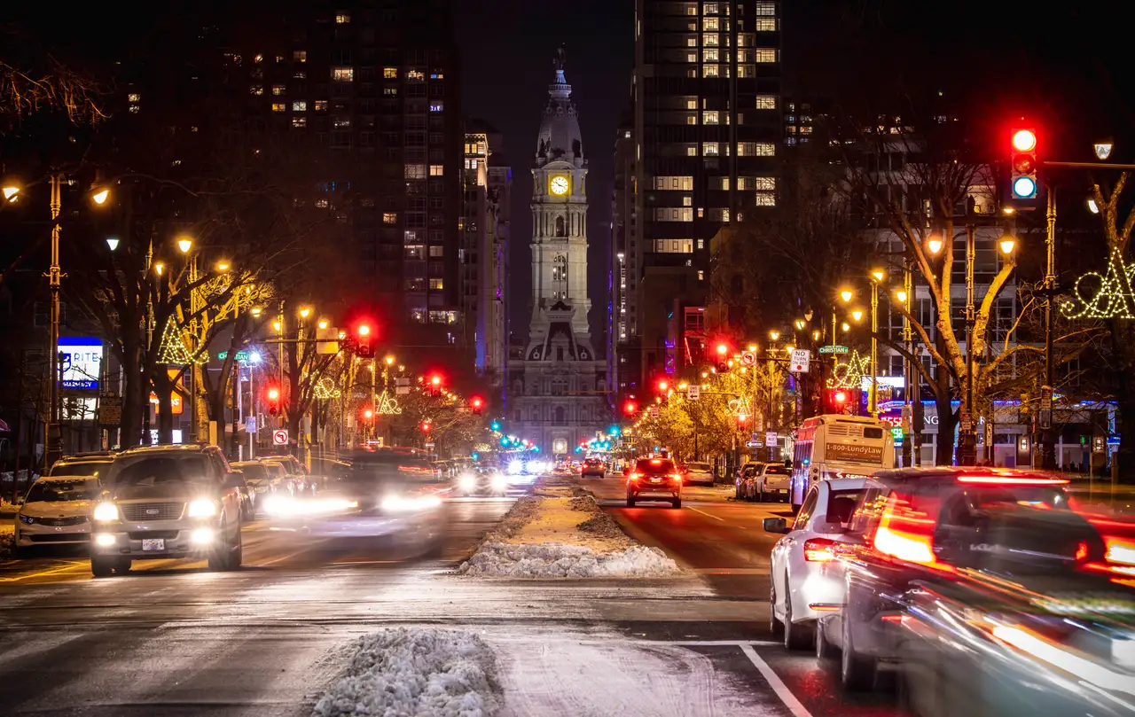 Fine-art photograph, “Philadelphia City Hall and Broad Street Light Trails, City in Motion - RFIV6135,” from the Pennsylvania - Philly collection.